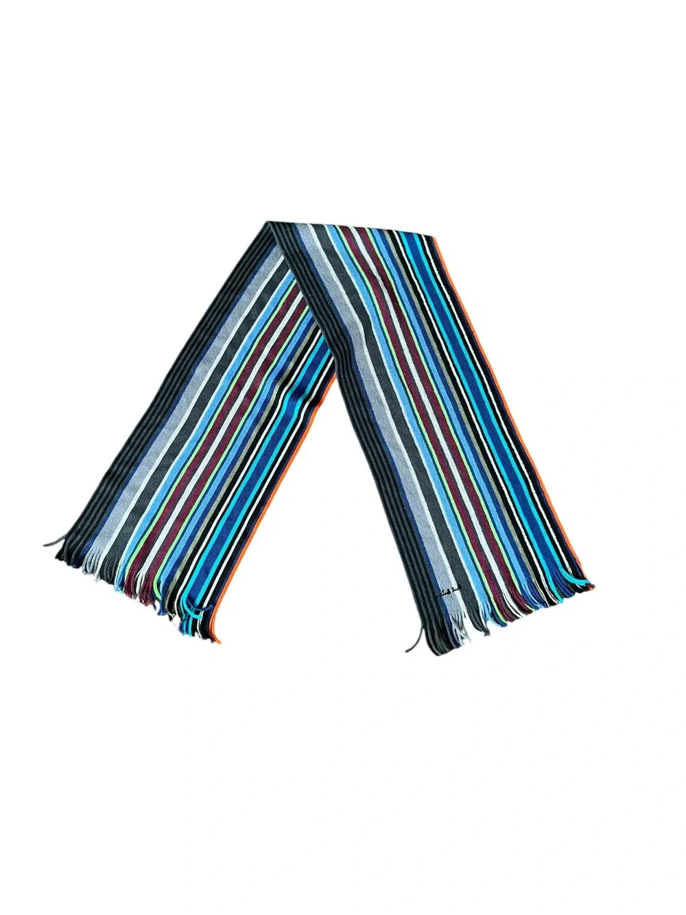 Paul Smith Striped Fringe Multi Color Knit Scarf Merino Wool